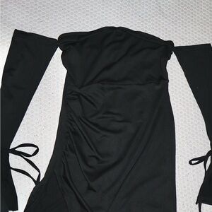 Black Bodycon Mini Dress with Off the Shoulder Neckline and Bell Sleeves